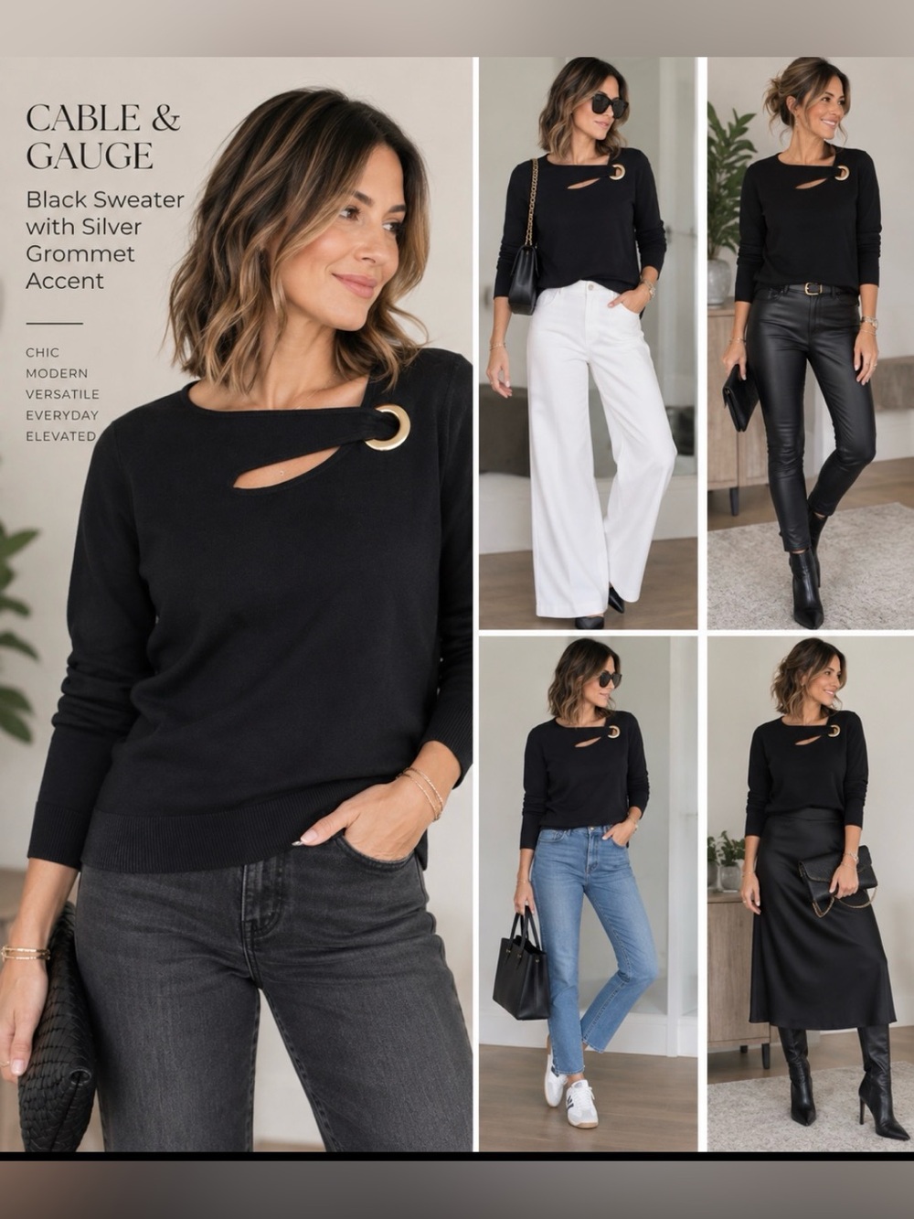 Cable & Gauge Black Sweater with silver Grommet Accent